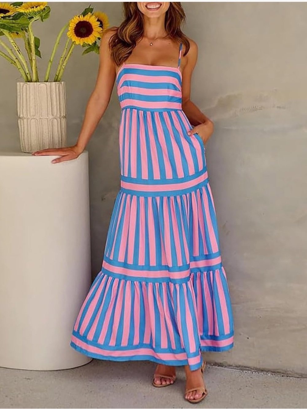 Striped Cotton Candy Pink Blue Maxi Sundress Cami Spaghetti Straps Gender Reveal